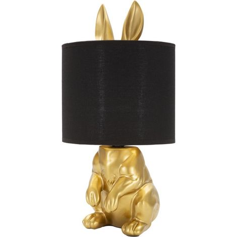 Lampada da tavolo Coniglio in resina dorata con paralume in tessuto nero