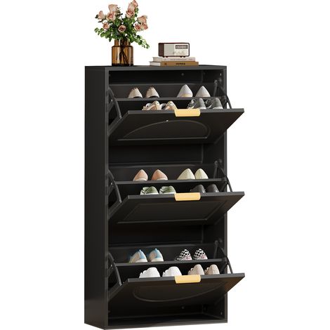 Schuhschrank Schmal mit 3 Klappen, Schuhkipper Platzsparend, Modernes Design, aus MDF und Spanplatte, 60×24×114 cm, Schwarz (1/5)