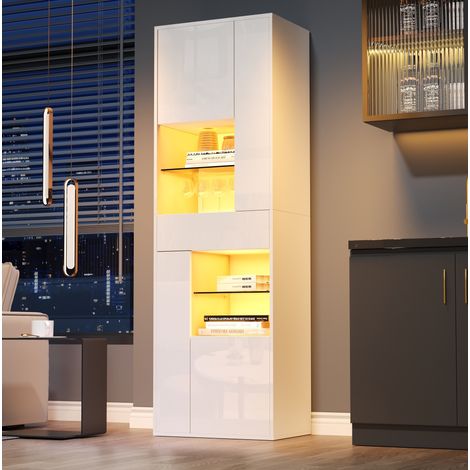 Vitrina 55x38x170 cm blanca en tablero de partículas con LED, alto brillo, 1 cajón y 4 puertas (1/5)