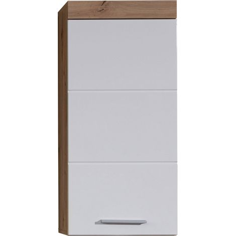 AmandaMando Armoire murale de rangement pour salle de bain, 1 porte, imitation chêne, blanc brillant.