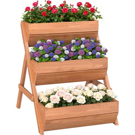 Dreistufiges, erhöhtes Gartenbeet aus Holz, für den Außenbereich, mit Abflusslöchern, 65 x 75 x 76 cm, Braun