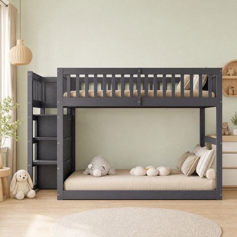 Litera infantil baja 140x200 cm con almacenaje, gris, de madera, sin colchón FloraGrace (1/5)