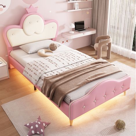 Lit enfant 90x200 cm capitonné rose et blanc avec LED et bords souples, style couronne (1/5)