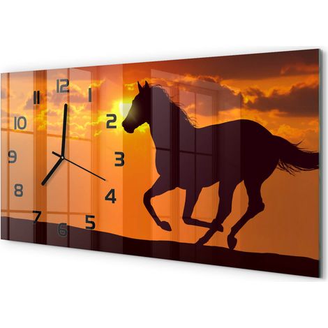 Horloge Murale Design Original 60x30 cm Verre Trempé Silencieuse Salon Cheval au coucher du soleil (1/5)