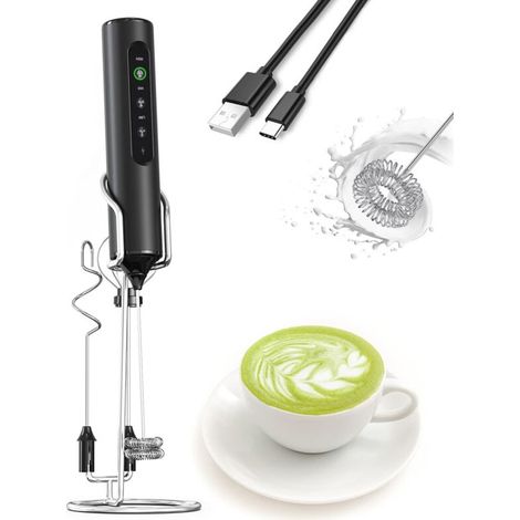 Turbine à Lait Électrique 3 en 1 avec Support - Mousseur à Main Rechargeable à Affichage LED et 3 Vitesses, pour Café, Latte, Cappuccino, Matcha, Shakes Protéinés et Pâtisserie