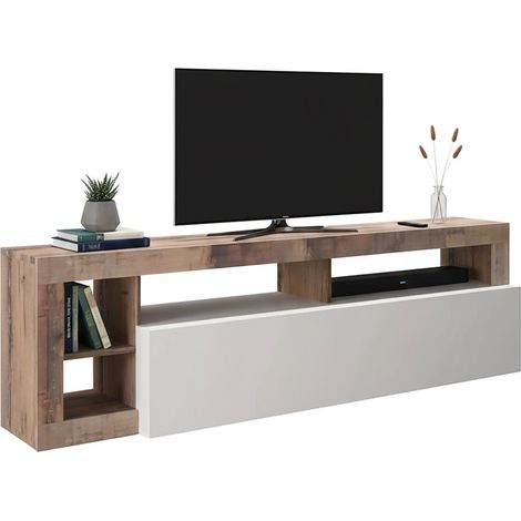 Mobile porta TV Arkangel, Credenza da soggiorno, Armadio basso per TV, Base parete attrezzata, Made in Italy, 184x42 h58 cm, Bianco lucido e Acacia