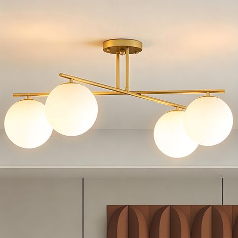 Lustre moderne doré crème 4 lumières E14 semi-encastré, luminaire élégant pour salon chambre intérieur (1/5)