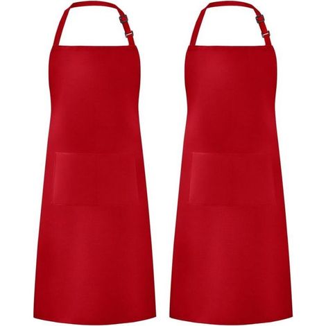 Lot de 2 tabliers imperméables réglables avec 2 poches pour barbecue et dessin, pour femmes et hommes, rouge (1/4)