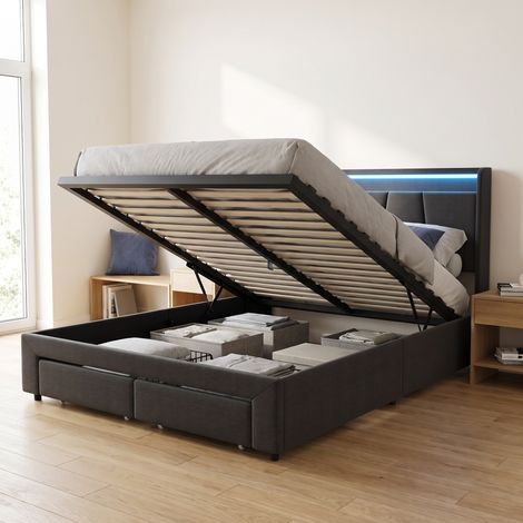 Lit coffre 140x190 cm avec 2 tiroirs, Lit double adulte avec LED et ports USB, tête de lit de rangement, Rembourré en lin, Gris foncé (1/5)