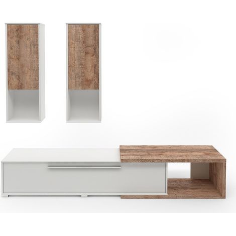 Meublorama – Composition de 3 meubles de salon – 2 meubles suspendus et 1 meuble TV – Blanc et chêne – Dimensions optimisées pour gain de place