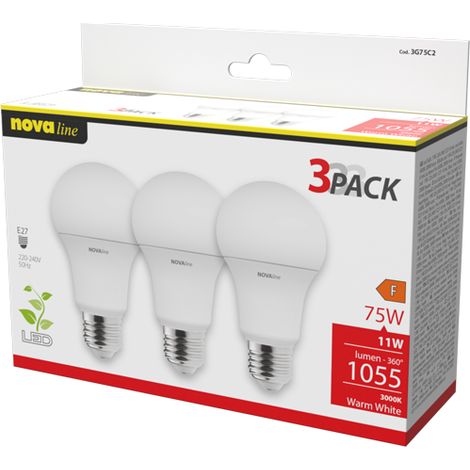 Tripack Led Goccia 11W  E27, Luce Calda 3000K 3G75C2 Novaline