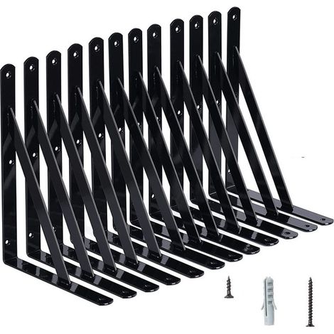 Set mit 12 verstärkten Regalträgern, große Wandhalterung für schwebende Regale, schwarz pulverbeschichteter Stahl - AquaForge