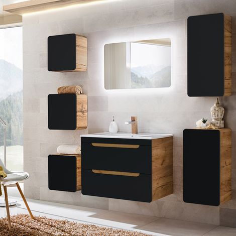 Badmöbel Komplettset in seidenmatt anthrazit mit Wotan Eiche Nb. NEW-LUTON mit 81 cm Keramik-Waschbecken & LED-Spiegel, B/H/T ca. 180/200/46 cm (1/5)