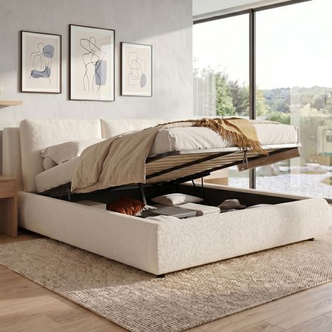 Lit double 160x200 cm, Lit adulte avec rangement hydraulique, Lit coffre avec sommier et tête de lit rembourrée, en tissu bouclé beige, sans matelas (1/5)