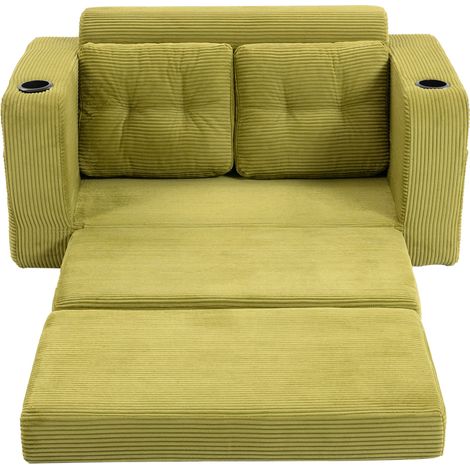 Canapé 2 places modulaire en tissu velours côtelé avec porte-gobelets et poches latérales, couleur olive (1/5)