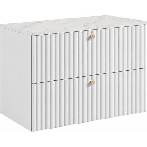 Meuble de salle de bain suspendu avec plan 80, blanc + plan effet marbre Bianco, poignées en trois couleurs, 80 x 46 x 58,6 cm (1/5)