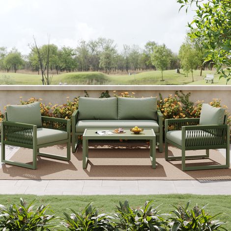 Ensemble table et chaise de jardin,Salon de jardin pour 4 personnes - Structure en métal - Coussins confortables inclus - Pour extérieur/balcon - Canapé + 2 fauteuils + 1 table basse rectangulaire - V (1/5)