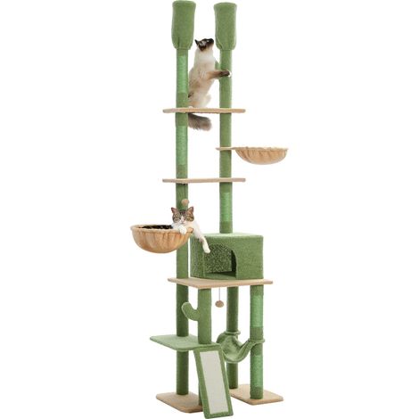 Pawz Road – Arbre à chat cactus du sol au plafond 5 niveaux – Hauteur réglable 216-285 cm – 3 hamacs suspendus – Griffoir et plateformes inclus