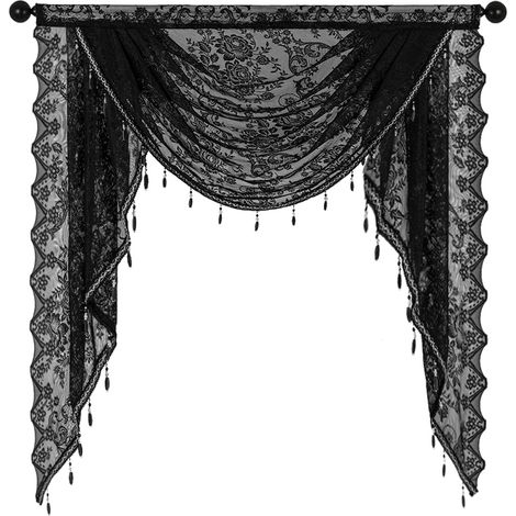 Voilage cascade à franges perlées 150x104cm, dentelle noire florale vintage, voile semi-transparent gothique pour Halloween (1/5)