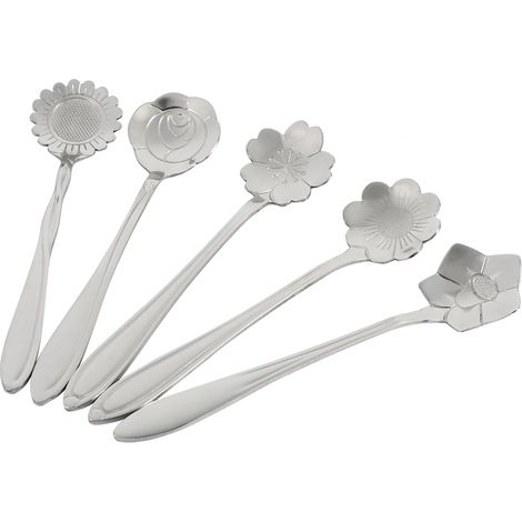 5 Cuillères à café, forme fleur, acier inoxydable, surface polie, pour café, glace, dessert, maison, restaurant(Troisième trimestre : septembre) (1/5)