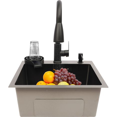 Évier de cuisine 1 bac 45 x 40 cm - Lavabo multifonction en acier inoxydable avec lave-verre, robinet extractible, distributeur de savon et panier filtrant - Noir (1/5)