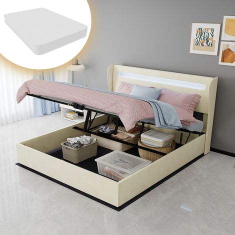 Letto matrimoniale LED 160x200 cm beige con contenitore e materasso – MEUBLIV (1/5)