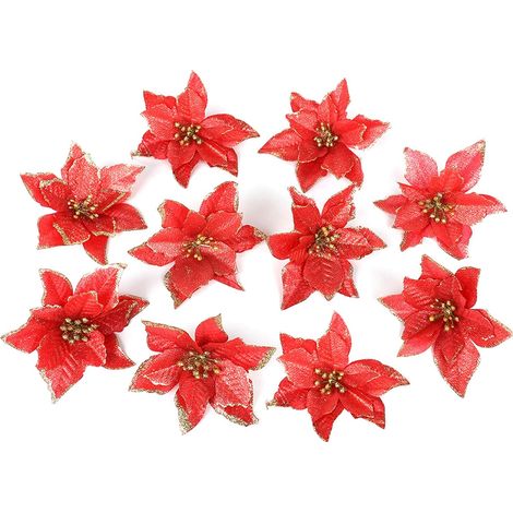 Juego de 10 adornos para árbol de Navidad, flores brillantes de 13 cm, plástico rojo, para interior/exterior, Navidad/boda. (1/5)