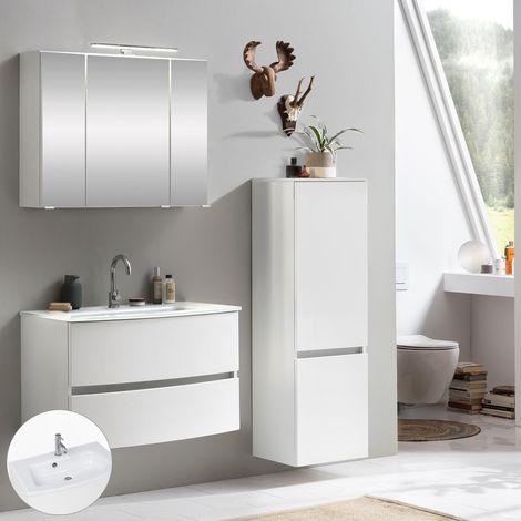Waschtisch Set LAURIA-03 mit 3D Spiegelschrank inkl. Beleuchtung und Midischrank matt weiß mit Glasbecken weiß, BxHxT: ca. 140x200x49 cm (1/5)
