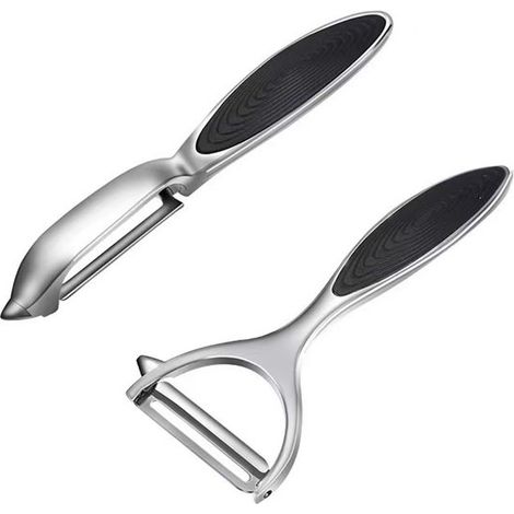 Juego de peladores, 2 piezas de acero inoxidable en forma de Y e I, Cuchillas giratorias con mango antideslizante, tomates y frutas, Negro (1/5)