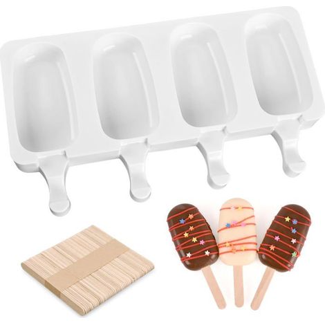 BelleRise - Moules à glace en silicone, moules à glace à 4 cavités, moules à gâteaux ovales, avec 50 bâtonnets (1/5)