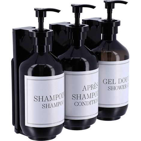 Set di 3 dispenser in plastica nera da 500 ml stampati con supporto a parete da fissare o 3m - nero - Tendance