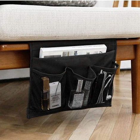 Organizador de mesilla de noche - 4 bolsillos - Para cama o sofá - Bolsa de almacenamiento colgante - Estuche para libros, teléfono, gafas, mando a distancia - Negro (1/4)