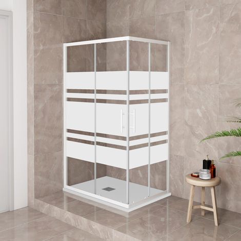 185 cm Box Doccia Angolare 90x90 cm Porte Scorrevoli Vetro Temperato 5 mm Anticalcare Fascie in Serigrafato Telaio Bianco Opaco