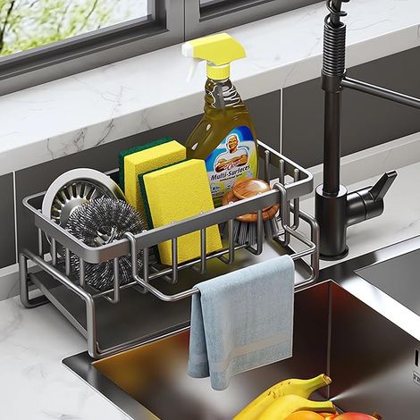 ViWaVee - Organizzazione e stoccaggio in cucina, organizer per lavello con vassoio di scarico automatico per porta spugna, porta asciugamani, accessori super per il bagno - Grigio. (1/5)