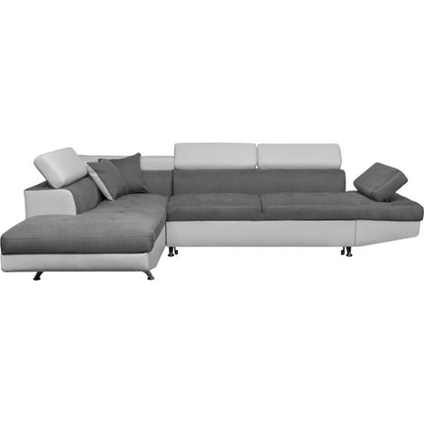 Canapé d'angle RIO Convertible avec coffre en microfibre et simili - Angle Gauche, Blanc et gris (1/5)