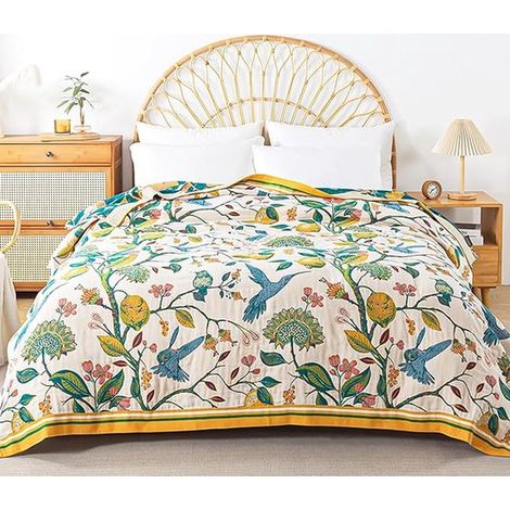 Couvre-lit bohème – 100 % coton – ultra-doux – luxueux – plaid rustique automnal – motif oiseaux – décoration champêtre – couvre-lit – 150 x 200 cm – couvre-lit rustique pour salon ou canapé (1/5)