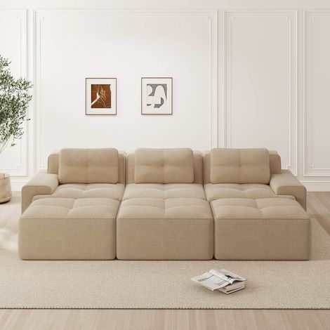 Canapé d’angle modulable 3 places en velours côtelé beige, sans structure, assise profonde, 3 poufs, convertible et sans montage (1/5)