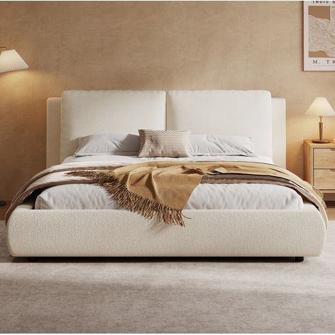 REDOM - Lit double 180x200 cm avec rangement et tête de lit bouclé beige (Sans matelas) (1/5)