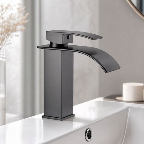 Robinet cascade salle de bain mitigeur lavabo acier inoxydable noir mat bec plat 245mm flexible inox (1/5)