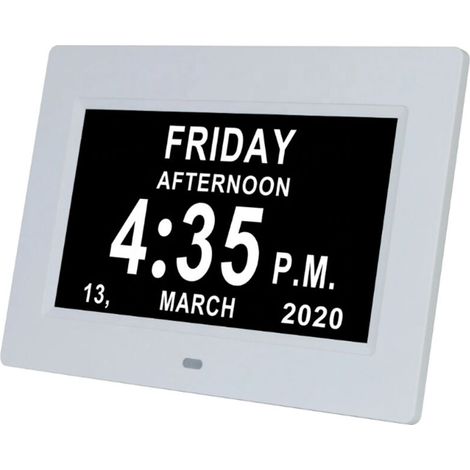 Horloge LED 7 Pouces Affichage HD Date Jour Heure Réglage Auto 8 Langues pour Seniors Enfants Blanc (1/4)
