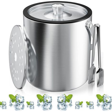 Seau à Glace, Bac à Glaçons Rond Avec Passoire et Pince à Glace, 2L Bac à Glaçons, Bac à Glaçons en Inox, Seau à Glace Réutilisable en Acier Inoxydable, Pour Conserver la Glace et Boissons (1/5)