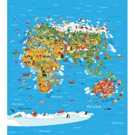 papier peint panoramique carte du monde pour enfants bleu, vert et jaune - Sanders & Sanders (1/3)