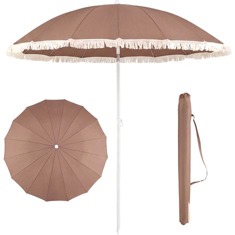 Parasol Plage avec Franges 200 cm, Parasol de Jardin Exterieur Inclinable à 30°, Protection Solaire, 12 Baleines en Métal, Sac, Style Bohème, Marron (1/5)