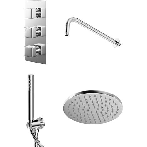 Cubix Polished Chrome Triple Thermostatic Valve Mixer Shower with Round Fixed Head and Round Handset Outlet Holder - 2 Outlet (1/5)