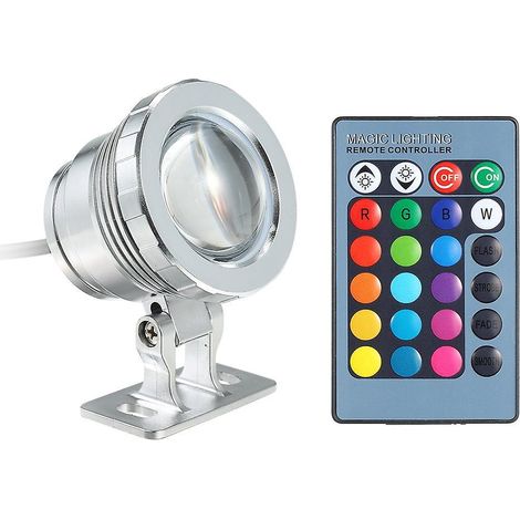 AC/DC 12V 10W RGB LED Underwater Light Submersible Lamp with Remote Control 16 Colors Changing Flash-Silver