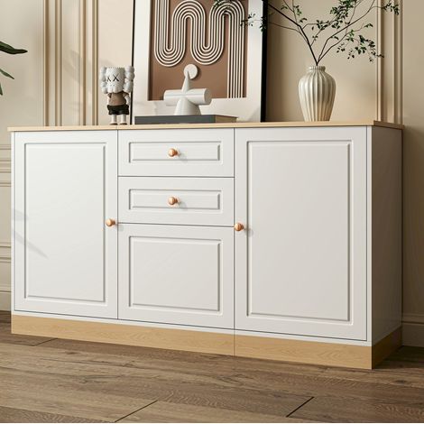 MEUBLIV Credenza bianca effetto legno 135,5 cm - 3 ante, 2 cassetti, contenitore multifunzione (1/5)