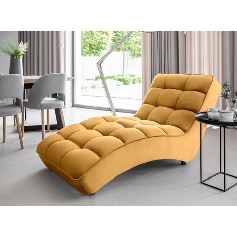 Les Tendances – Chaise longue d'intérieur velours capitonné – Assise généreuse inclinée – Garnissage mousse HR – Dimensions 85x170x85 cm – Jaune curry