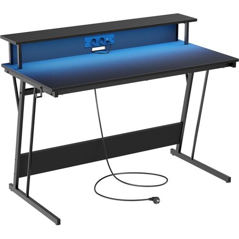 Bureau Gaming avec LED et Multiprise, Table Gamer, Bureau Informatique avec Rehausseur d’Écran, pour 2 Ordinateurs, pour Chambre, 60 x 120 x 76 cm, Noir Carbone (1/5)
