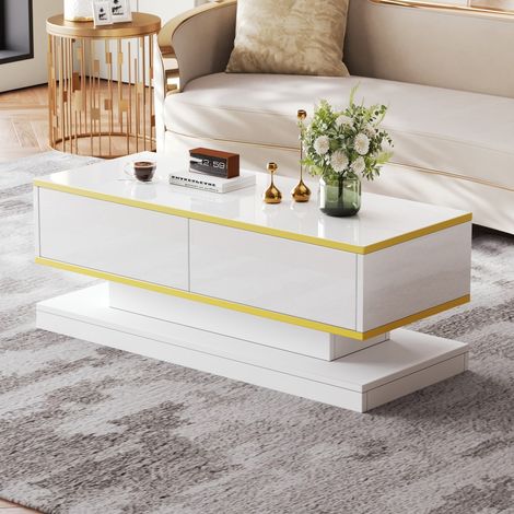 Table basse design blanc chaud brillant 100x50x38cm - 2 grands tiroirs - Bord doré - Forme unique (centre étroit/extrémités larges) (1/5)