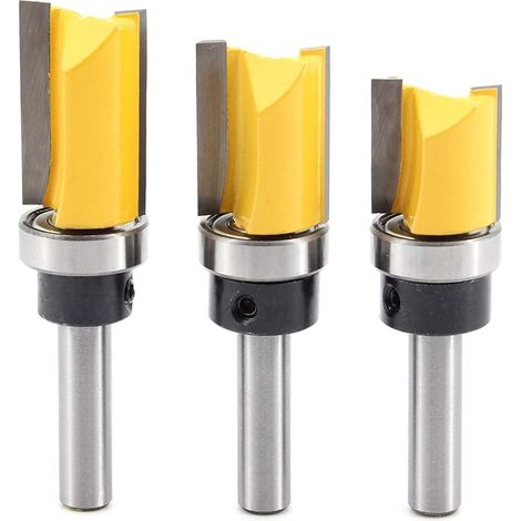 3Pcs 8mm Tige Fraise à Affleurer, Fraise à araser Fraise à Copier Avec Roulement Supérieur, Outils de Fraisage de Menuiserie -Diamètre de coupe 19.5 mm